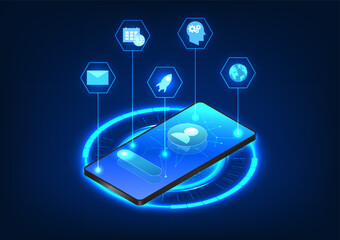 Fototapete - Digital technology mobile phone rests on a dark blue background, its screen adorned with icons representing smart technology, global connectivity, artificial intelligence, and mobile communication