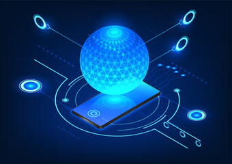 Poster - Mesmerizing technology picture featuring a mobile phone at its core. Above the screen, a processor-like circle effortlessly converts data and commands, harnessing the power of intelligence.