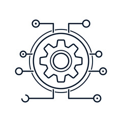 Poster - Gear in the tracks of the microchip. Cyber technology, software. Vector icon isolated on white background.