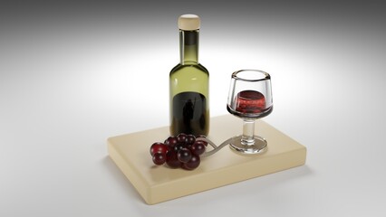 Poster - a bottle of wine and a glass of wine 3d rendering 3d illustrator