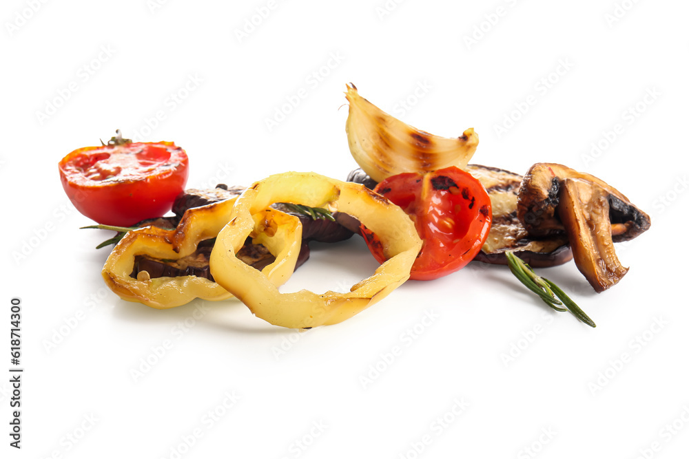 Different tasty grilled vegetables on white background