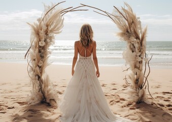 wedding boho arc decoration on the beach and bride , ai generated