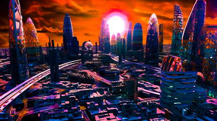 Sticker - Futuristic city with skyscrapers and bright orange sun in the background. Generative AI.