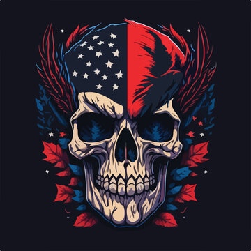 Vintage american skull face art design in vector illustration. American bald eagle skull