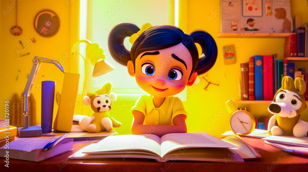 Little girl sitting at desk with open book in front of her. Generative ...
