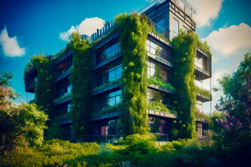 Wall Mural - Very tall building with lots of plants growing on the side of it. Generative AI.