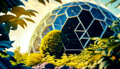 Sticker - Large glass dome sitting in the middle of lush green field next to forest. Generative AI.