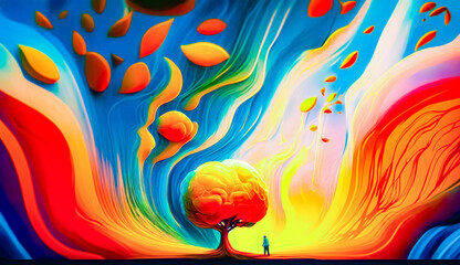 Wall Mural - Painting of man standing in front of tree with colorful sky in the background. Generative AI.