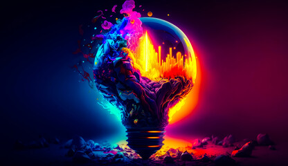 Wall Mural - Colorful light bulb in the middle of dark room with city in the background. Generative AI.