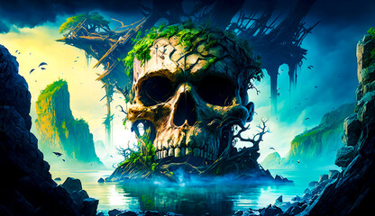 Wall Mural - Painting of skull in the middle of lake with trees around it. Generative AI.