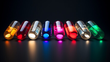 A mix of colorful well lit pharmaceutical capsules, Generative Ai