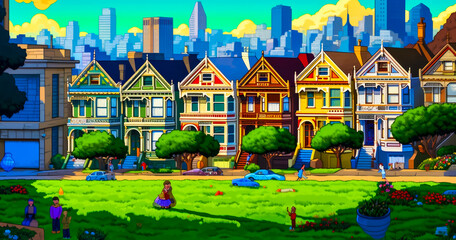 Sticker - Cartoon of city with lots of houses and people in the park. Generative AI.