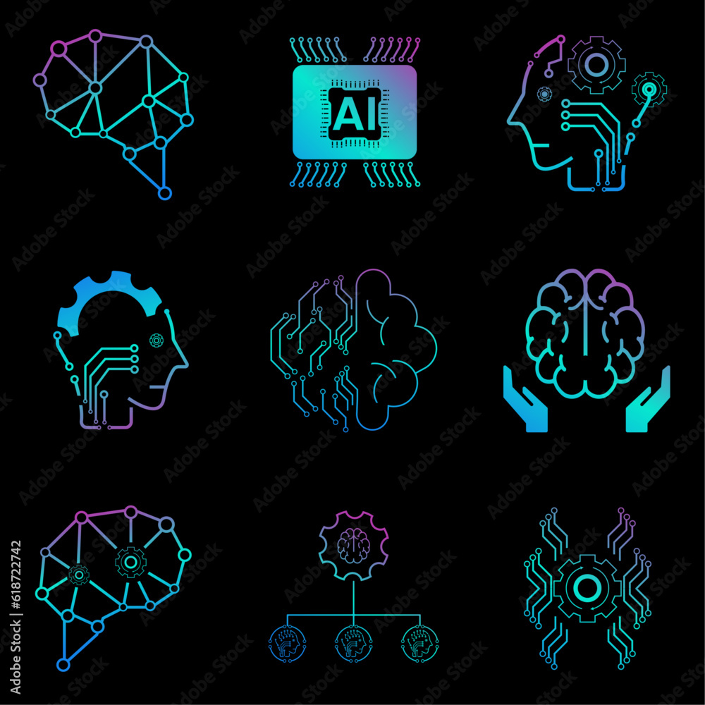 Vetor SET of Nine technology icons vector, AI vector concept, 9 icons ...