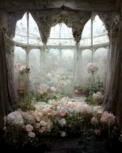 Victorian White Room Large Windows Filled With White Cobwebs Nets White Veils White Cafenti Textures Moss Wild Flowers Pastelpink Roses Everywhere 