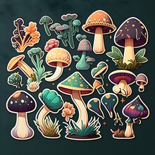 Magic Mushrooms Sticker Sheet Cartoon Illustration Forest Fairy Vector Color Image High Definition Vivid Colors Jewel Tone Earth Tone In The Style Of A Die Cut Sticker 
