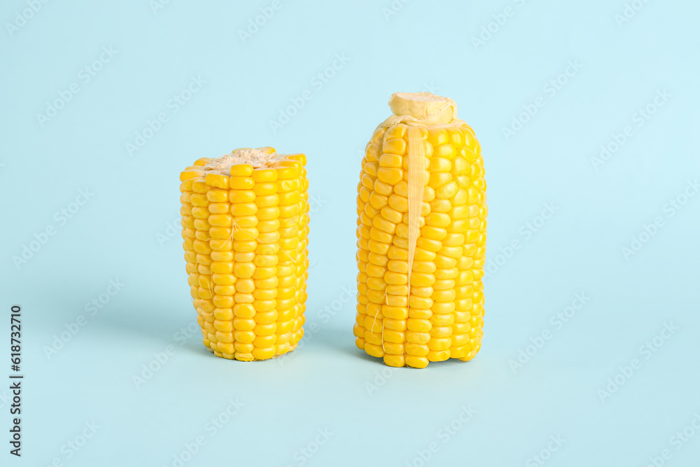 Cut fresh corn cobs on blue background