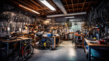 Interior Of Modern Bicycle Garage Or Workshop With Many Professionals Tools And Equipment. Generative AI