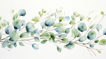 Watercolor Botanic, Leaf And Buds. Seamless Herbal Composition For Wedding Or Greeting Card. Spring Border With Leaves Eucalyptus , White Background