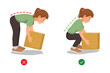 © Tenstudio - Correct and Incorrect body postures of young woman lifting heavy objects