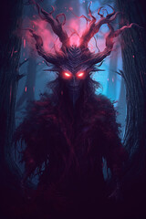 Poster - Forest demon with glowing eyes. Generative AI