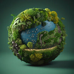 Earth globe with land, sea and plants in the forest. created with generative AI technology.