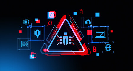 Poster - cybersecurity icons with bug virus in system, web security and technology
