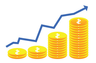 blue arrow pointing up On The Stacks Of Coins. financial growth