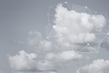 Poster - Cloud in the sky with mesh polygon wireframe. Cloud computing, networking, communication and technology concept in black and white.