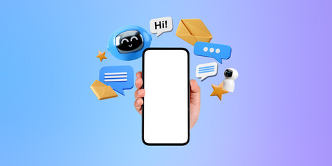 Poster - Man hand with mock up phone display, chat bot speech bubbles and communication