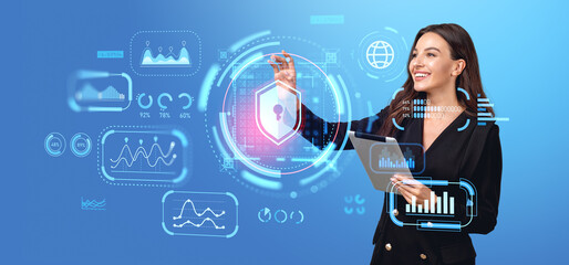 Poster - Smiling businesswoman and digital cybersecurity with business da