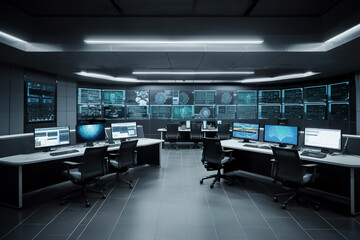 Poster - control room with computers and monitors on the wall. Generative AI