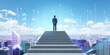 © ImageFlow - Man on staircase looking at city with network hologram