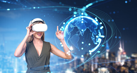 Poster - Happy woman in vr headset with earth globe glowing, working in m