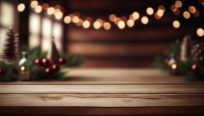 Empty wooden table with christmas theme in background