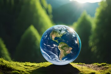 Wall Mural - Planet Earth On Soil With green Moss and Ferns In Sunny Forest With bokeh background. Ecology And Earth Day concept