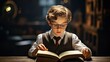 A diligent student with glasses engrossed in reading an educational book. Generative AI.