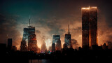 Fototapeta  - The twin towers of New York skyline on a sunset sky in United States of America. Archival and historical cityscape of lower Manhattan from New Jersey. AI-generated