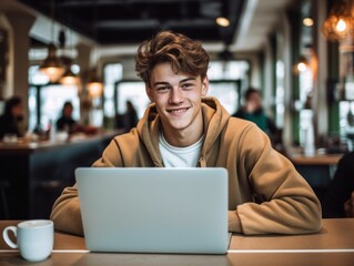 Young man enjoying an energizing cup of coffee working on a laptop - Ai generated