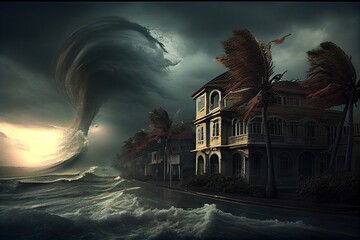 Wall Mural - tropical cyclone, with intense winds and heavy rain, bringing destruction to coastal city, created with generative ai