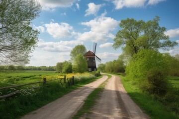 Poster - rural road, with windmill and greenery in the background, created with generative ai