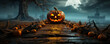 background of a scary jack o lantern in a wooden plank of wood, ethereal seascape