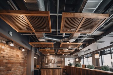 Sticker - vintage ventilation and exhaust system with wooden slats, exposed ceiling beams, and vintage light fixtures, created with generative ai