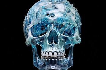 Crystalline skull with a plastic look, close-up, abstract, color, isolated on black