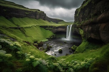 Wall Mural - waterfall surrounded by lush green foliage and dramatic skies, created with generative ai