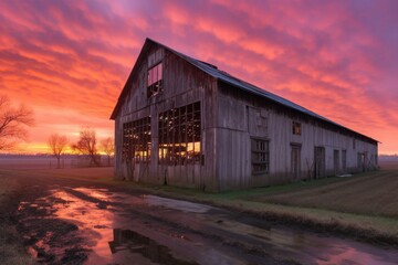 Poster - barn sunrise, with streaks of pink and orange sky visible through the windows, created with generative ai