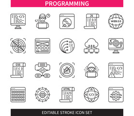 Editable line Programming outline icon set. Web, Algorithm, Binary Code, Spiral Development, Testing, Cloud Computing, Hacker, Software. Editable stroke icons EPS