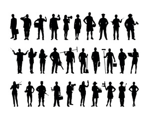 Wall Mural - People crowd standing various professions silhouettes. Group of people different occupations or jobs standing in a row vector black silhouettes set collection.