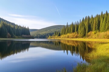 Sticker - a quiet lake surrounded by rolling hills and forests, created with generative ai