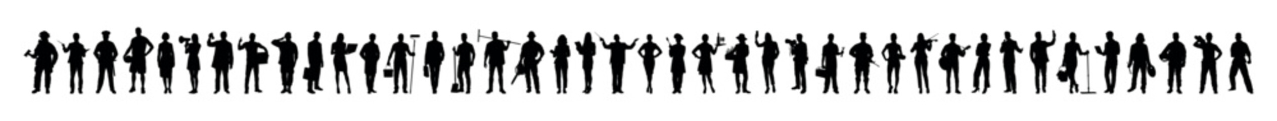 Wall Mural - Set of people silhouettes different jobs or professions standing in a row on white background.