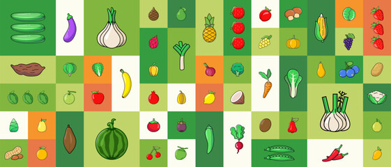 Healthy organic vegan food. Cooking dietary dishes. Vegetarian cafe. Set of icons in flat geometric style. Abstract signs. Vegetables and fruits Vector illustration